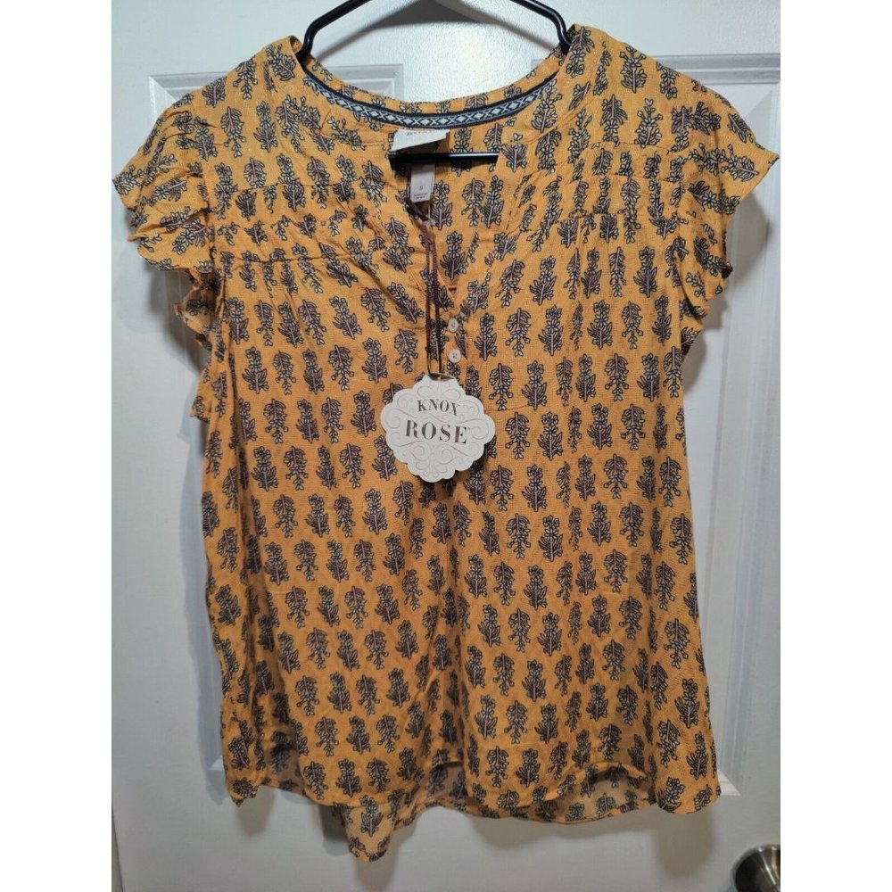 Knox Rose 'Sahara Gold' Yellow Flutter Sleeve Floral Blouse 1/4 Button S NWT - Picture 7 of 8